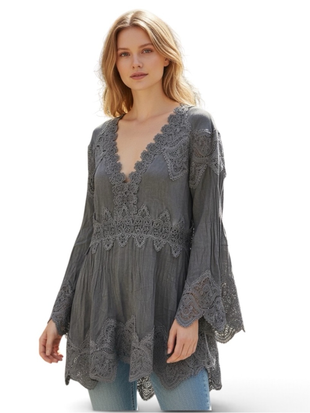 POL Boho Gray Lace Trim V Neck Bell Sleeve Tunic Top Size Large